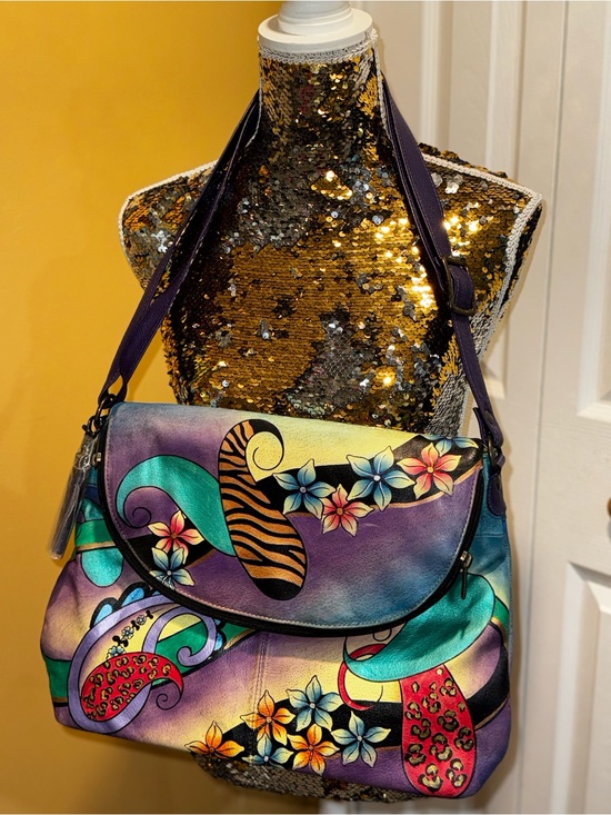 Anuschka Handbags - Anuschka Hand-Painted Leather Flap Over Purse Bag Tote Purple Paisley Flowers